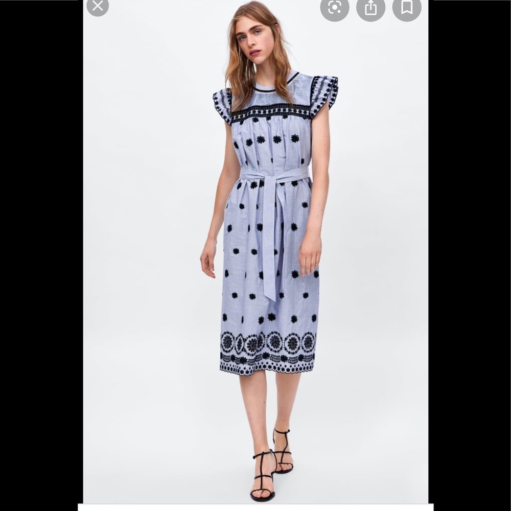 Zara blue striped dress with embroidery
